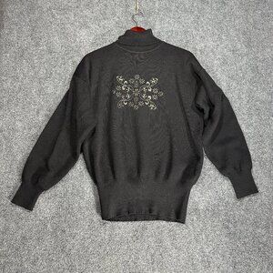 Vintage Meister Sweater Womens Large Turtleneck  Black Wool Blend Embroidered